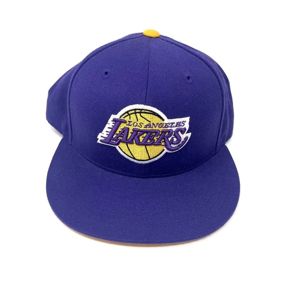 Lakers Mitchell & Ness 100% Wool Fitted Cap Size 7 3/8 Purple / Yellow - Picture 2 of 7